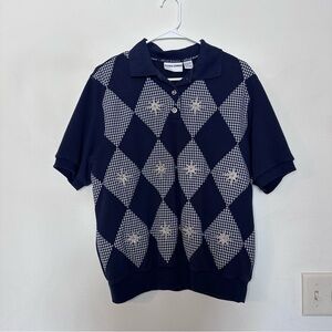 Alfred Dunner Navy and White Argyle Polo